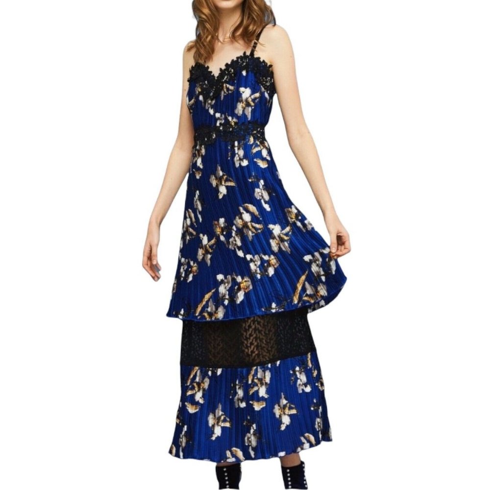 Anthropologie Foxiedox Carmella Pleated Maxi Dress Spaghetti straps Blue Size 2